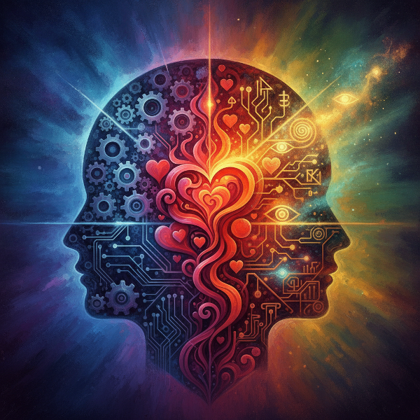Una mente compuesta por engranajes mecánicos, destellos emocionales y senderos intuitivos que se entrelazan en un paisaje surrealista.