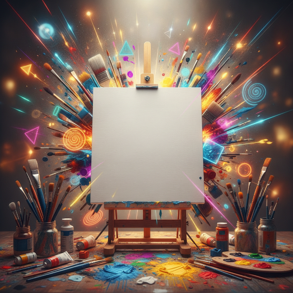 Escena artística que mezcla elementos tradicionales y modernos, representando la exploración de la creatividad y el arte.