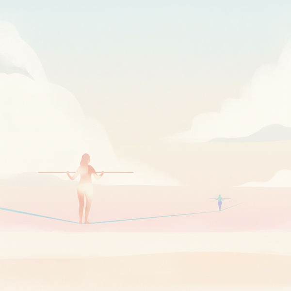 Ilustración minimalista de dos figuras humanas balanceando intimidad y distancia personal en una línea.