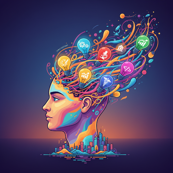 Una ilustración que muestra un cerebro humano estilizado con colores vibrantes, del cual emergen múltiples bombillas brillantes que representan ideas creativas en diversos ámbitos profesionales como arte, ciencia, tecnología y negocios.
