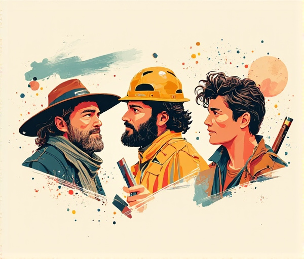 Imagen que muestra a tres personajes simbólicos (un explorador con brújula, un arquitecto con planos, un improvisador con piezas sueltas) alrededor de un laberinto de ideas, con colores vibrantes y elementos que representan obstáculos y soluciones.