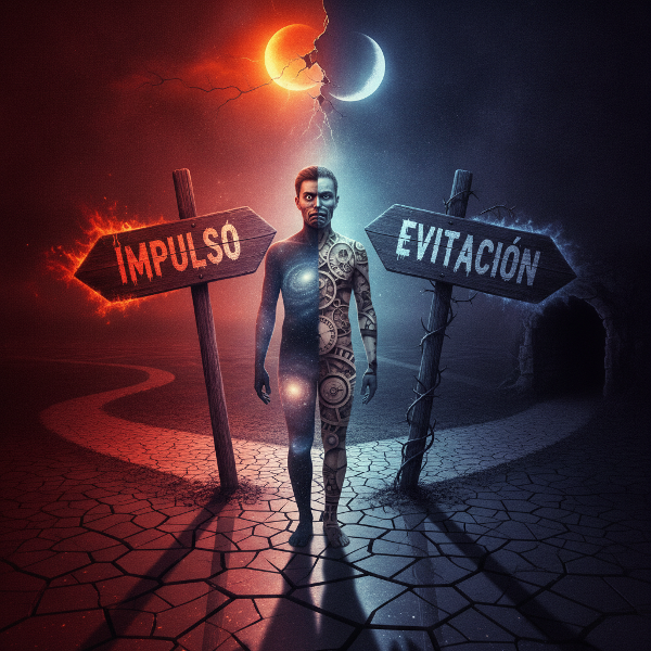 Una persona indecisa en un cruce de caminos iluminado con tres señales que representan impulso, reflexión y evitación.