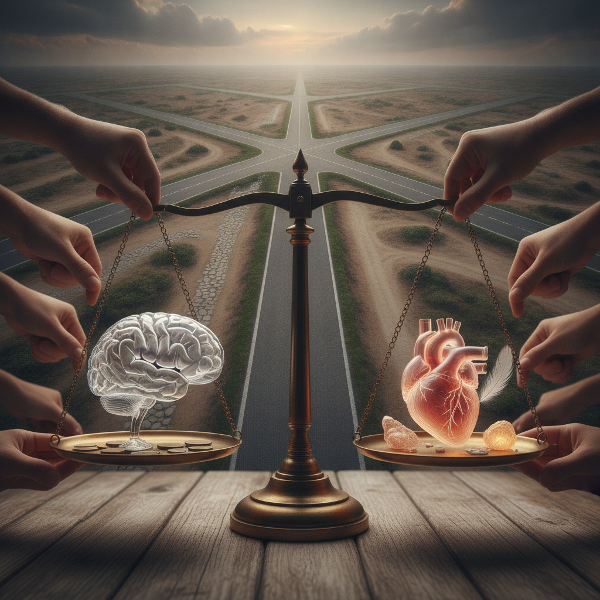 Ilustración metafórica que muestra a una persona eligiendo entre razonamiento lógico, emociones y consejos externos, con un camino que se divide en tres direcciones ante un horizonte de decisiones que afectan a un grupo de personas