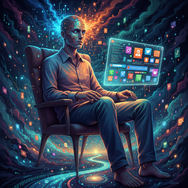 Una figura humana con la cabeza compuesta por píxeles y emociones flotando, frente a una pantalla.