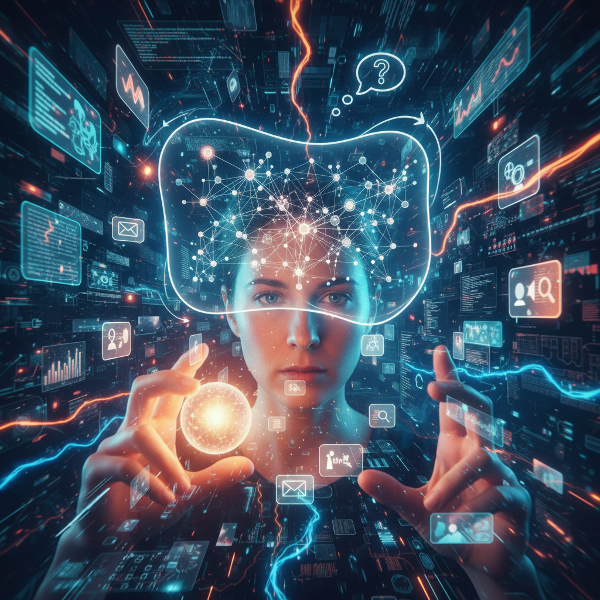 Una persona concentrada en medio de un flujo constante de notificaciones y fragmentos de información digital, representando la capacidad de filtrar, adaptarse y recuperarse en un entorno hiperconectado.