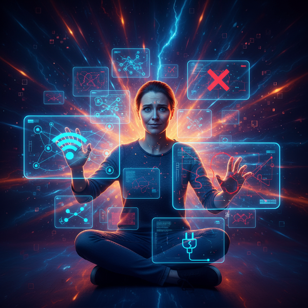 Una ilustración abstracta que representa la relación compleja entre una persona y su entorno digital, mostrando conexión, emociones y límites.