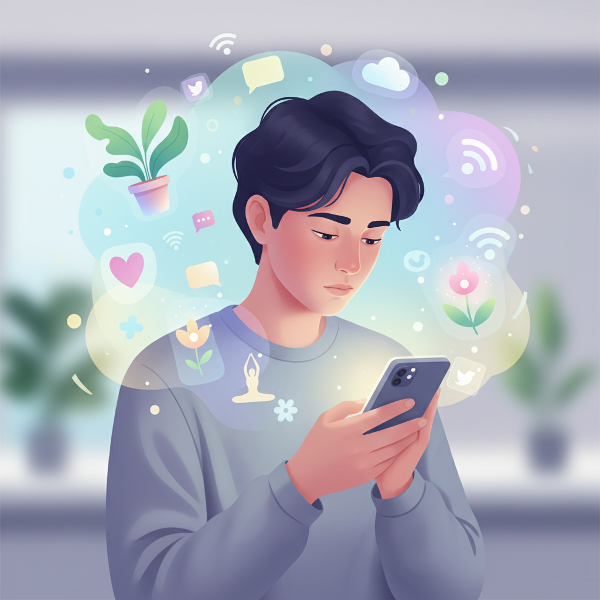 Una ilustración que representa la introspección digital, mostrando a una persona interactuando con la tecnología mientras símbolos de bienestar emocional y ansiedad flotan a su alrededor en un entorno moderno.