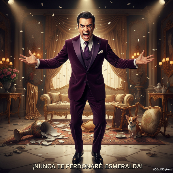 Un personaje exagerado de villano de telenovela en medio del caos doméstico, gesticulando dramáticamente con iluminación teatral.