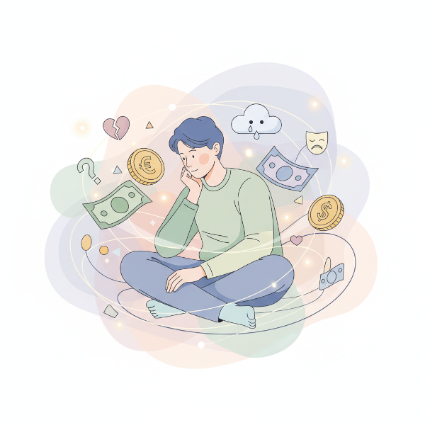 Ilustración conceptual de una persona reflexionando entre dinero y emociones, con colores suaves y estilo moderno.