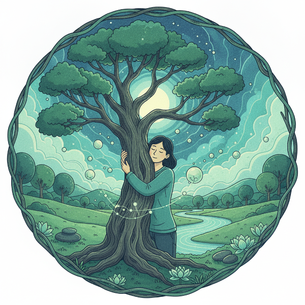 Una figura humana abraza un gran árbol en un prado iluminado, rodeada de montañas y un cielo suave, transmitiendo calma y conexión con la naturaleza.
