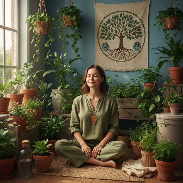 Una persona en un entorno natural, mostrando una conexión emocional con el medio ambiente a través de gestos y elementos simbólicos de cuidado ecológico.