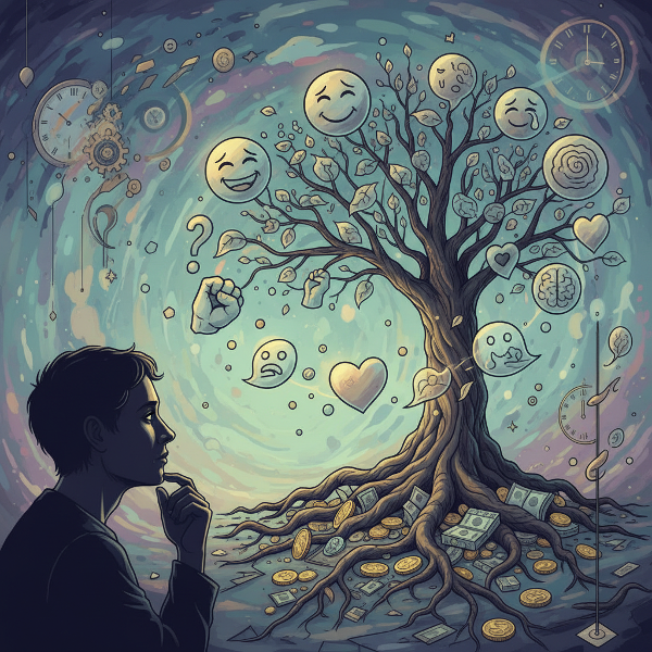 Ilustración surrealista que representa la conexión entre emociones y finanzas, mostrando un árbol con raíces monetarias y hojas emocionales.