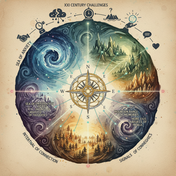 Un mapa abstracto que representa la navegación por el mundo emocional interno y las relaciones, con elementos como una brújula y territorios simbólicos.