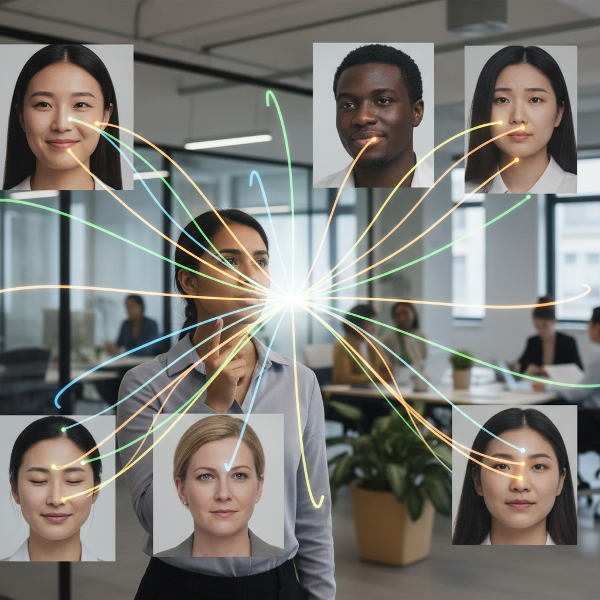 Una ilustración abstracta que muestra cómo las emociones sutiles se conectan entre personas en un entorno diverso, representando la percepción emocional no verbal.