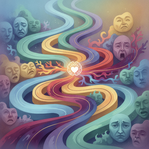 Laberinto emocional con rostros y caminos de colores que representan la autoconciencia y relaciones interpersonales.
