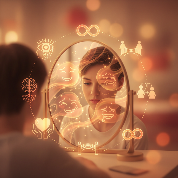 Una persona contemplando sus emociones en un espejo, con símbolos abstractos de los cuatro pilares de la inteligencia emocional flotando a su alrededor.