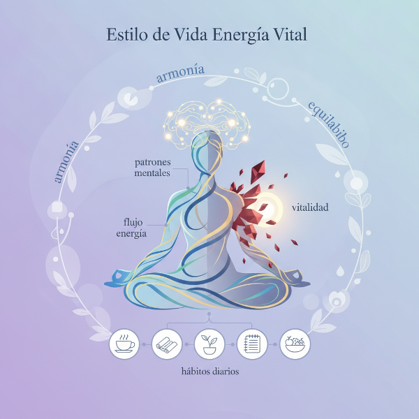 Una imagen que muestra a una persona rodeada de símbolos de energía, hábitos saludables y patrones mentales equilibrados.