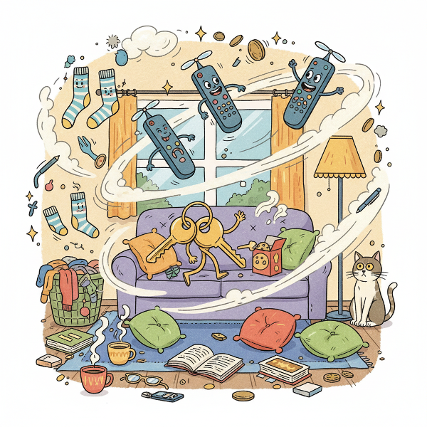 Una ilustración divertida que muestra objetos cotidianos como llaves y calcetines 'cobrando vida' y creando un caos juguetón en una casa.