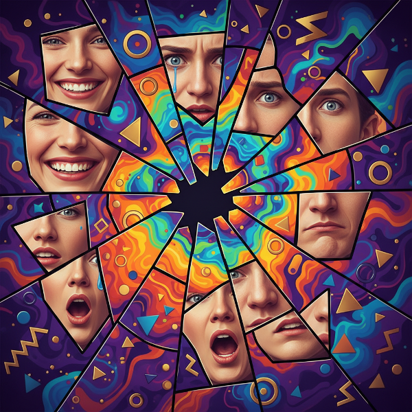 Un espejo roto con fragmentos de rostros humanos que expresan distintas emociones, rodeado de formas abstractas y colores vibrantes, simbolizando la diversidad de la personalidad.