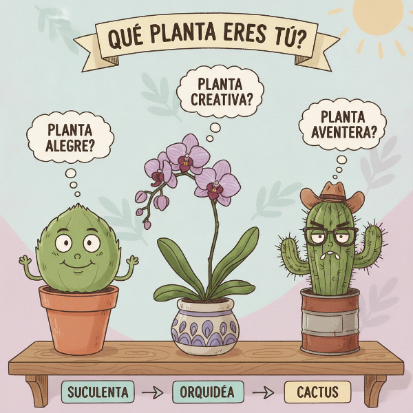 Una imagen colorida de varias plantas de interior con expresiones humanas divertidas, representando un test de personalidad.