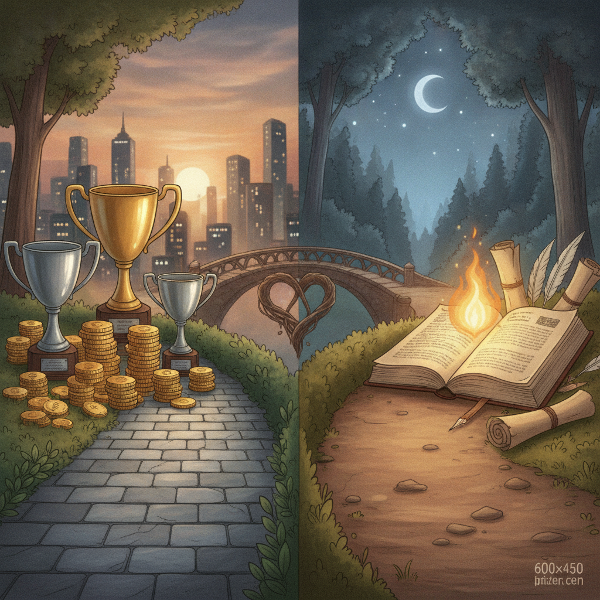 Imagen que muestra dos caminos divergentes: uno hacia recompensas externas (dinero, trofeos) y otro hacia satisfacción interna (libros, luz cálida), simbolizando la dicotomía entre motivación extrínseca e intrínseca.
