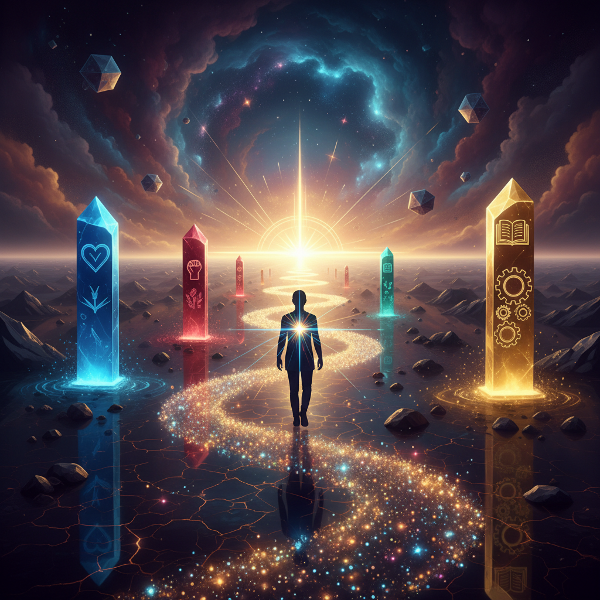Una imagen que representa una brújula interna luminosa guiando a una persona, con pilares que simbolizan valores fundamentales y un camino hacia la autorrealización en un paisaje onírico.