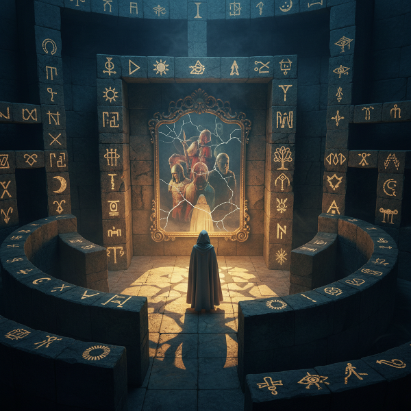 Una imagen simbólica que representa el viaje interior de autodescubrimiento, mostrando un laberinto con arquetipos, luces y sombras, y un espejo que refleja múltiples facetas de la personalidad.