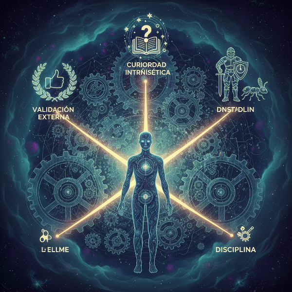 Una ilustración conceptual que representa la mente como un laberinto de engranajes, con caminos que simbolizan las diferentes fuentes de motivación: validación externa, curiosidad intrínseca y sentido del deber.