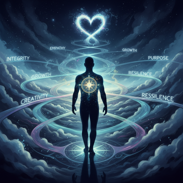 Una ilustración simbólica que muestra una brújula luminosa guiando a una persona a través de un paisaje abstracto que representa las dimensiones internas del valor personal y la autopercepción.