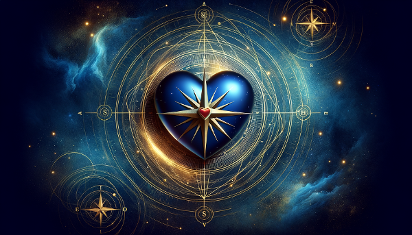 Una ilustración conceptual que muestra una brújula antigua fusionada con un corazón y un mapa estelar, de la cual emergen varios caminos luminosos que se bifurcan hacia diferentes constelaciones, representando las elecciones vitales guiadas por valores internos.