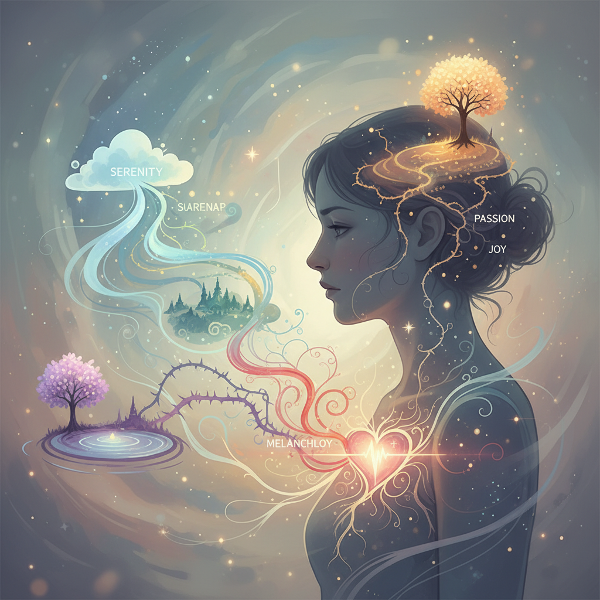 Una ilustración metafórica que muestra un mapa emocional interno, con caminos que se ramifican desde un corazón central, representando la navegación intuitiva en las relaciones.