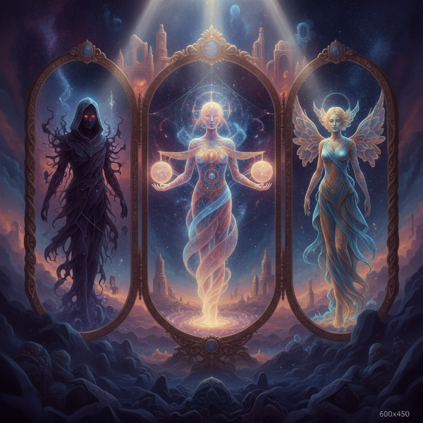 Un espejo dividido en tres paneles muestra figuras simbólicas: una figura radiante (luz), una oscura (sombra) y una en equilibrio, rodeadas de elementos arquetípicos.