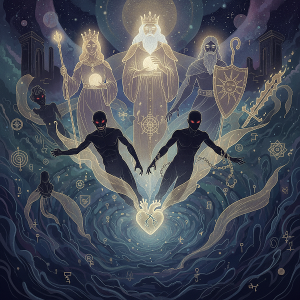 Imagen que representa los arquetipos del inconsciente colectivo según Jung, fusionando símbolos de luz y sombra en un paisaje onírico de la mente.