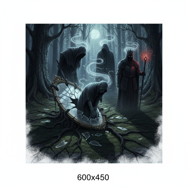 Una ilustración simbólica que representa los arquetipos ocultos de la sombra emergiendo de un espejo roto en un bosque oscuro, con elementos oníricos y raíces entrelazadas.