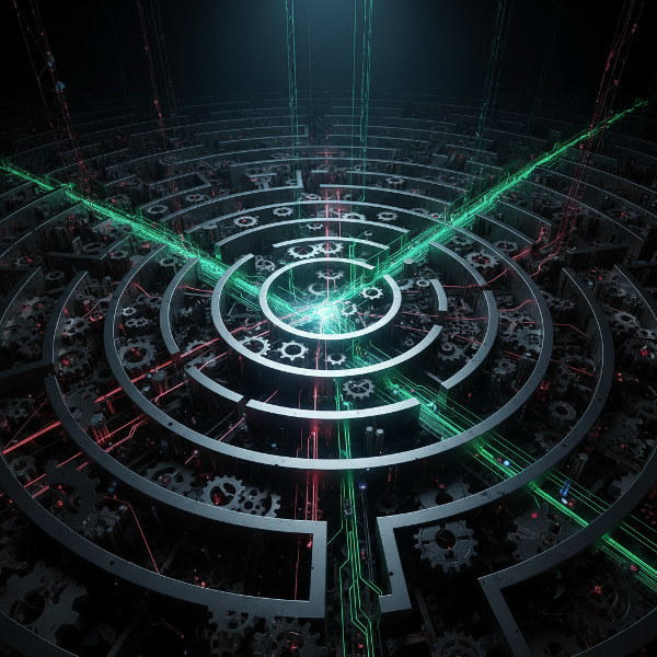 Un laberinto abstracto de engranajes y circuitos que simbolizan los patrones automáticos de la mente, con áreas iluminadas y otras en sombra representando la conciencia y el inconsciente.