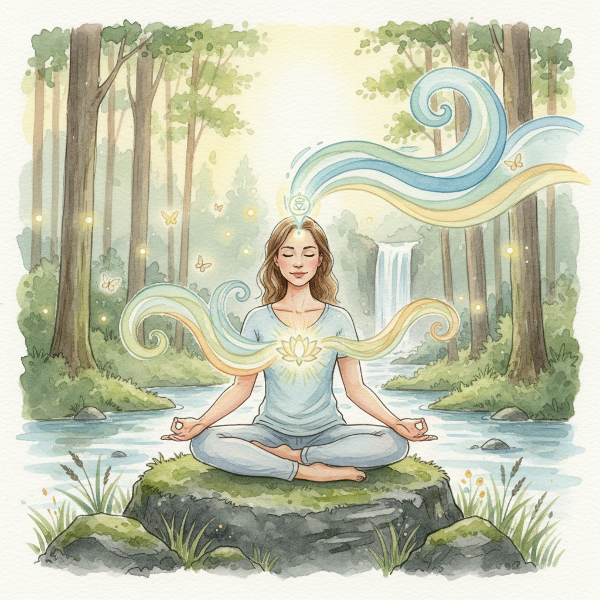 Imagen de una persona en equilibrio interior, con conexiones energéticas entre mente y cuerpo en un paisaje sereno.