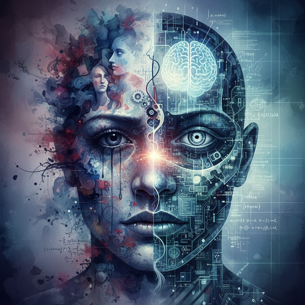 Imagen que representa una mente dividida, con un lado nublado por emociones y sesgos, y otro iluminado por la lógica y el análisis, conectados por un puente de adaptabilidad.