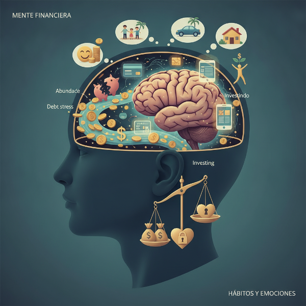 Una imagen surrealista donde el cerebro está rodeado de monedas, corazones y engranajes, representando emociones, creencias y hábitos financieros.
