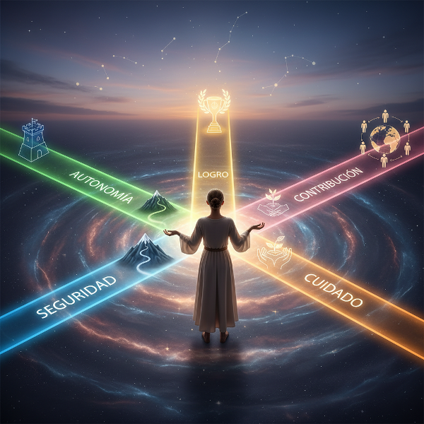 Una persona en una encrucijada con cinco caminos luminosos que simbolizan los valores centrales de la prueba.