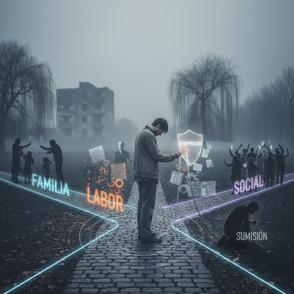 Una ilustración que representa la tensión entre establecer límites saludables y ceder a las demandas externas, mostrando conflicto interno y agotamiento.