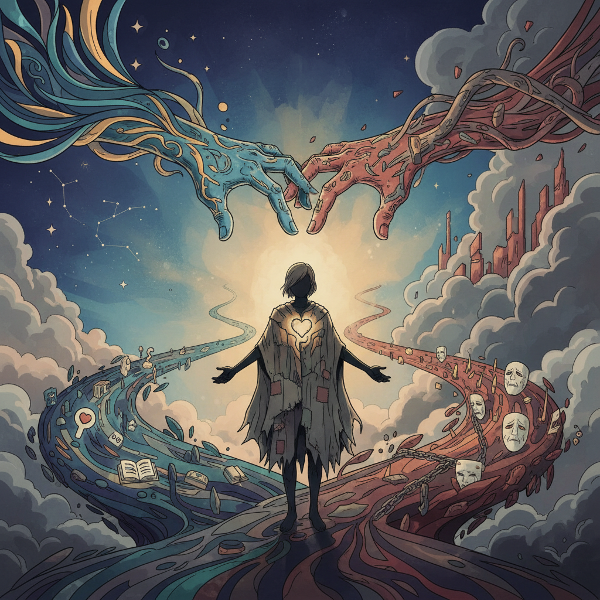 Una persona parada en un punto de decisión, con un camino que representa sus valores internos y otro que simboliza las expectativas externas, en un estilo artístico que evoca reflexión.