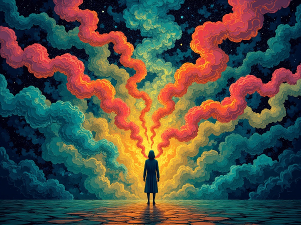 Una persona en una encrucijada con caminos abstractos que representan decisiones, convergiendo en una brújula interna luminosa.