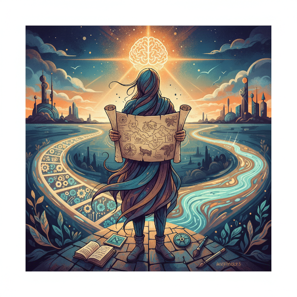Ilustración conceptual de una persona en una encrucijada, representando la toma de decisiones, con elementos simbólicos como un cerebro y un mapa.