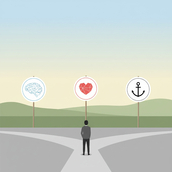 Una ilustración que representa la toma de decisiones mostrando tres caminos simbólicos que se bifurcan, simbolizando los diferentes estilos de afrontar problemas.