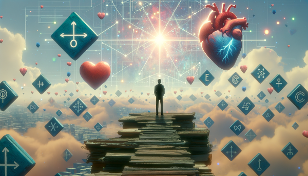 Una persona en un cruce de caminos etéreos, rodeada de símbolos flotantes que representan la lógica, la empatía y la intuición, en un estilo onírico y simbólico.