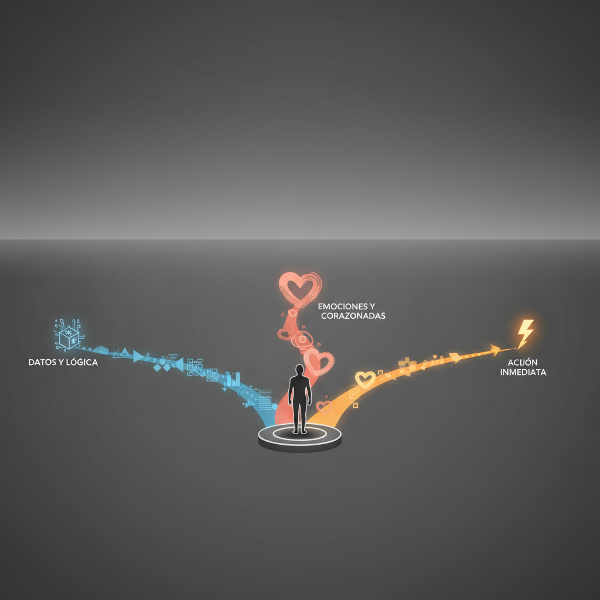 Una persona en el centro de tres caminos divergentes que simbolizan los patrones de pensamiento analítico, intuitivo-emocional y práctico-impulsivo, en un paisaje abstracto y simbólico.