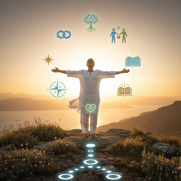 Una persona en un paisaje sereno, con gesto de plenitud, rodeada de elementos simbólicos que representan autenticidad, conexiones profundas y un camino alineado con su esencia.