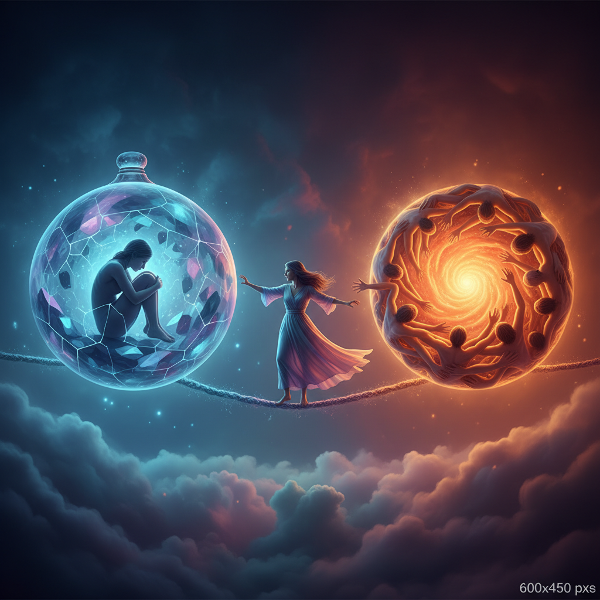Ilustración de una persona manteniendo equilibrio sobre una cuerda floja entre una esfera de cristal aislante y un grupo de figuras entrelazadas, representando la búsqueda de armonía entre autonomía y conexión.