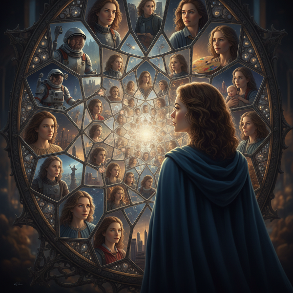 Una persona observa su reflejo fragmentado en un espejo fractal, simbolizando las múltiples facetas de la personalidad reveladas a través de situaciones hipotéticas.