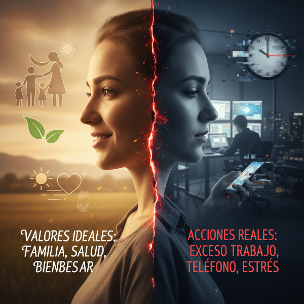 Una persona dividida en dos mitades que muestra la brecha entre los valores declarados y las acciones reales.